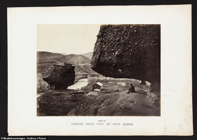 This beautiful shot shows a lone man sat beneath a hanging rock at the foot of Echo Canon in 1869. Johnson added: 'Drawn from one of OMCA's core collections of nearly 650 original collodion negatives and 60 vintage prints, the exhibition will include Russell's iconic images alongside rare vintage prints and modern prints from original collodion negatives to tell a multi-faceted story of this pivotal moment in history'